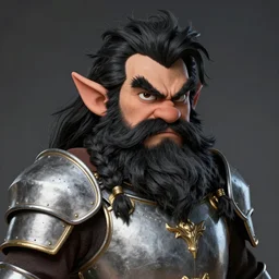 portrait of a human man akin to a dwarf in human form with a big bushy beard with braids in it and a mane of black hair and silver armor with golden accents, stylistic, dramatic lighting, egotistical, irritable, serious cartoon