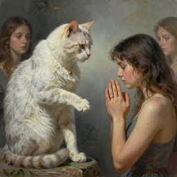 a godlike cat and the human race praying him. highly detailed. Award winner. Beautiful paint.