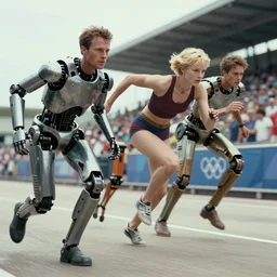 The matrix, LeeLoo, Starship Troopers, Clarice Starling, Sprinters in a race with a clear winner, robotic legs, The Olympics footage, intimate shot, cinematic stillframe, shot by Roger Deakins, The fifth element, vintage robotics, formula 1, starring Geena Davis, sports photography, clean lighting
