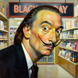 a store on black friday, highly detailed painting by salvador dali