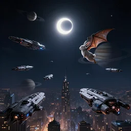 a marvelous fantastic fleet of futuristic ships in the midnight sky in a solar eclipse, futuristic midnight city, with Saturn and Jupiter in the backround while rabbit with dragon wing fly with anticipation by Stanley Artgerm Lau, WLOP, Rossdraws, ArtStation, CGSociety, concept art, cgsociety, octane render, trending on artstation, artstationHD, artstationHQ, unreal engine, 4k, 8k,