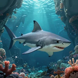 giant sharks, underwater coral cavern, d & d, fantasy, digital painting, artstation, sharp focus, 8 k high definition, extremely detailed, stunningly beautiful, cover by artgerm, art by greg rutkowski