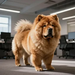 a photo of a giant chow chow working at an office in helsinki