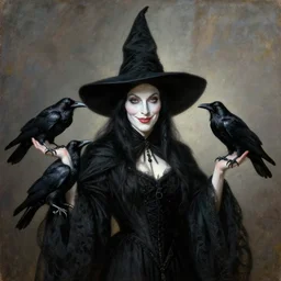 portrait painting of a beautiful witch, blck robes, ponty hat, white skin, smirk, crows, sharp focus, award - winning, masterpiece, highly detailed, intricate, by rebecca guay, bouguereau