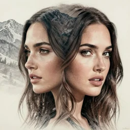 megan fox face double exposure with beautiful mountains, tattoo sketch, hyper - realistic, in the style of matteo pasqualin, amazing detail, sharp, faded
