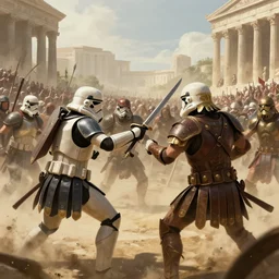 gladiators in stormtrooper helmets, fighting in olympus, with dense crowds and dusty atmospherics, in arkane artstyle, trending in artstation