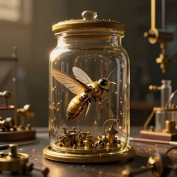 a mechanical hummingbird in a jar. golden hour. matte painting. steampunk. cyberpunk. laboratory. rembrandt. jeff koonz