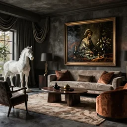 a dark luxurious tastefully decorated living room with a mix of antique and modern furniture, and a mix of concrete and wood finishes, with a marble horse statue, a large dark vanitas oil painting, and draped fabric