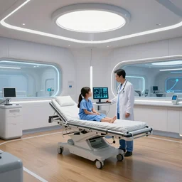 The hospital room of the future, in a futuristic spaceship, with calming bright lights and a welcoming wooden floor, a doctor and her patient look at a computer screen showing medical graphs