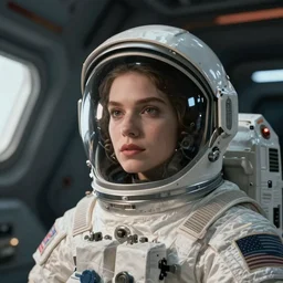 asthetic!   astronaut  with helmet medium shot portrait  female beautifu in spaceship, by  brandon woelfel.