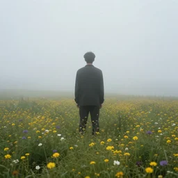 fog in the shape of a man standing in a field of flowers 4K photo