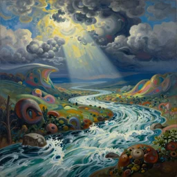 Psychedelic sci-fi dreamworld. Landscape painting. Organic. Winding rushing water. Waves. Clouds. Landscape by Milton Avery.