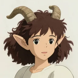 a young elf, with goat horns and animal ears and curly brown hair, ultra detail, studio ghibli aesthetic, yoshitaka amano style, pastel colors, hyperrealism,award winning artwork, realistic hair, artstation trend, high quality print, fine art with subtle redshift rendering,