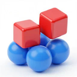 Two red cubes on top of three blue spheres