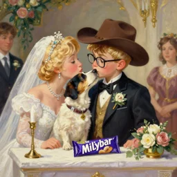 masterpiece painting of the Milkybar kid with blonde hair, cowboy hat and glasses, kissing dog, on the altar, at their wedding. In the style of JC Leyendecker