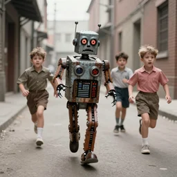 in the style of 1960s, scary robot is chasing kids down the ally