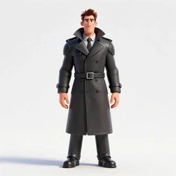 armored detective in trench coat, stylized pixar-style 3d render, full body, standing, isolated on a pure white background, centered, whole figure in frame, sharp focus, studio lighting