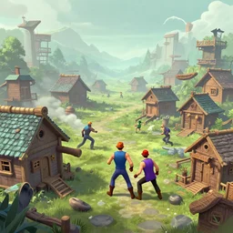 ethereal vaporwave wooden village under attack by Duke Nukem