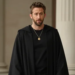 ryan reynolds wearing black robe and golden necklace cinematic photoshoot high quality highly affordable photo realistic 8 k hd
