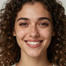 studio portrait photo of a beautiful woman with curly hair smiling and crying, close - up shot, symmetrical face, symmetrical small teeth, facing the camera, symmetrical detailed defined eyes, sad smile, one long tear below the left eye, natural light, warm atmosphere