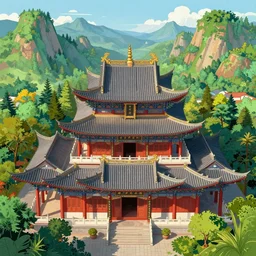 top down view of traditional chinese temple in yunnan, seen from above, surrounded by mountains and forest, pieter bruegel, greg rutkowski, colorful bright illustration