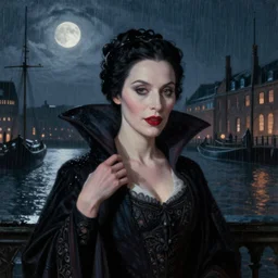 portrait of Lady Dracula, atmospheric lighting, painted, intricate, London Dockyard, volumetric lighting, beautiful, light rain, moon light, sharp focus, ultra detailed, by Leesha Hannigan, Ross Tran, Thierry Doizon, Kai Carpenter, Ignacio Fernández Ríos, Yasumoto Oka,