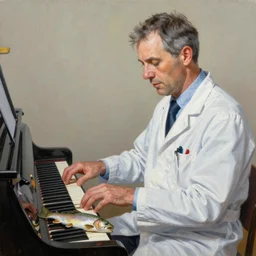 a stunning ultra realistic fine art painting of the world's greatest kidney doctor performing on the piano, trout on the side,  by tom bagshaw, studio portrait, vibrant colors, 4K