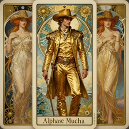 a dramatic ethereal epic symmetrical painting of a handsome light-skinned cowboy in a gold outfit | tarot card, art deco, art nouveau,  (steampunk), homoerotic, realistic | by Greg Rutkowski, by Mark Maggiori and ((((Alphonse Mucha))) | trending on artstation