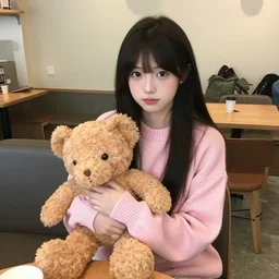 cute girl in a pink sweater with a teddy bear sits in a cafe photo, medium shot, 8 5 mm