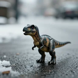 cinematic, award winning photo by saul leiter of a tiny dinosaur standing in the street, tiny gaussian blur, insanely detailed, insanely intricate, depth of field, low contrast, snowy, wide aperture