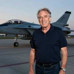 happy jeffrey epstein, wearing a dark blue polo shirt, standing near fighter jet on an empty runway at dusk, high detail, volumetric lights, award winning photo