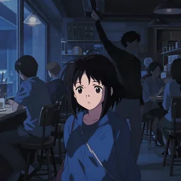 anime frames, anime visual, portrait of a young woman visiting a busy cafe interior at night shopping, very low light cute face by ilya kuvshinov and yoh yoshinari, katsura masakazu, mucha, dynamic pose, dynamic perspective, strong silhouette, anime cels, rounded eyes, blue tint, contrasting shadows