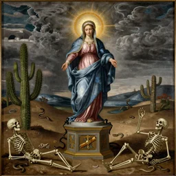 michael angelo painting of a overdecorated rococo glowing virgin mary standing over a pedestal in a barren land with cactus and serpents. stormy weather. apocalypsis. skleletons on the floor