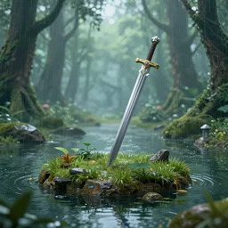 sword stuck in a pond island, rainy enchanted forest of the ancients, moody high exposure, digital painting, concept art, photoshop speedpaint, visual novel