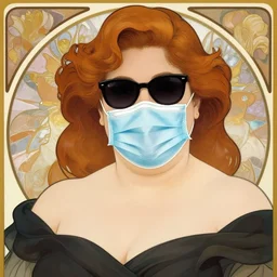 portrait of sexy mature big chubby beautiful woman wearing sunglasses and surgical facemask by Alphonse Mucha, Ayami Kojima, Amano, Charlie Bowater, Karol Bak, Greg Hildebrandt, Jean Delville and Mark Brooks, Art Nouveau, Neo-Gothic, gothic, deep rich colors