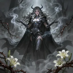 beautiful necromancer with mist and smoke magic, surrounded by thorns and lilies. wavy hair, cape, attarctive face, anime key visual, highly detailed, sharp focus, concept art, league of legends, style by shumolly and monable and artgerm and greg rutkowski and zeronis and pilyeon and ruan jia