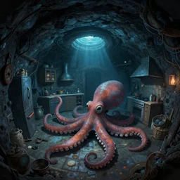 darkness, fisheye spiral, naive, extra narrow, detailed illustration of a basement cellar kitchen, large floor, octopus shaped by rhads from lorax movie, trending artstation, dark blue underwater