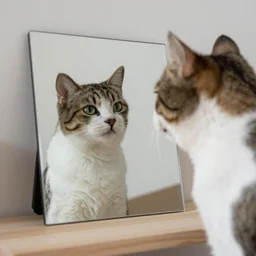 cat looking in mirror