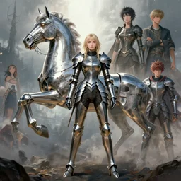 portrait full body girl metal armor and infinite metal horse poses valhala dream by gaston bussiere, anna nikonova aka newmilky, greg rutkowski, yoji shinkawa, yoshitaka amano, moebius, donato giancola, geoffroy thoorens, concept art, trending on artstation, featured on pixiv, cinematic composition, 8 k