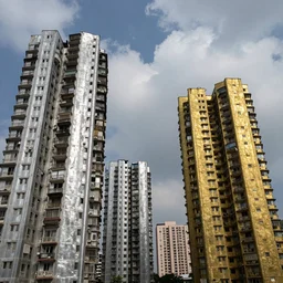 cinematic frame of high rise slums made of silver and gold, weathered with shiny, glistening parts and dramatic clouds in the background