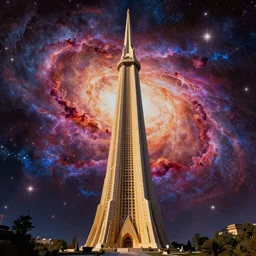 the one and only majestic upright tower, highly detailed cosmic background, a dash of magic, some for on the ground, vibrant color palette, trending on artstation, digital art, by salvador dali