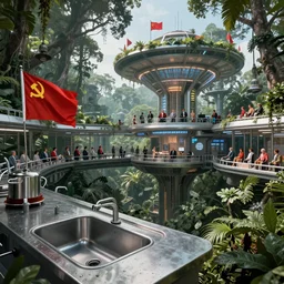 futuristic soviet scientific lab in amazonian jungle tree tops on the edge of steel kitchen sink communist agitprop flags by ross tran, thierry doizon, craig mullins, ilya kuvshinov, artgerm, edward hopper, dan mumford, wlop, rutkovsky, carl spitzweg, moebius, unreal engine 5, lumen, nanite