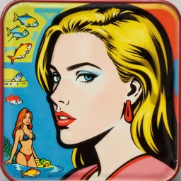 highly detailed closeup, roy lichtenstein face profile portrait of a tin toy cara delevingne, bikini, unreal engine, nicoletta ceccoli, mark ryden, earl norem, lostfish, global illumination, detailed and intricate environment