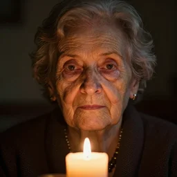 a close up portrait of one lonely old lady, full colour, hyper realistic photo, candle light, dramatic lighting, chiaroscuro, shallow depth of field, upscale, 8 k, masterpiece,