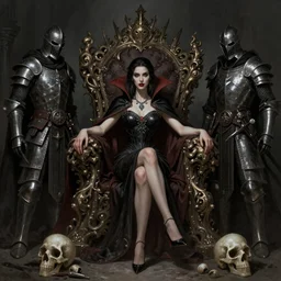 desirable Vampire woman sitting on a skull throne with undead knights around her, fantasy, intricate, elegant, highly detailed, digital painting, artstation, concept art, matte, sharp focus, illustration, art by artgerm and Greg Rutkowski, dreadjim, zeen chin