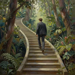 a man walking up a steep and impossible staircase, in beautiful woods, intricate, elegant, highly detailed, oil painting, artstation, concept art, sharp focus, beautiful illustration, cgsociety, by justin gerard and artgerm, 4 k