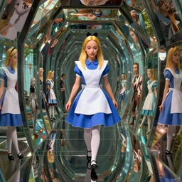 vfx surreal 3 d portrait of alice from wonderland walking into a non - euclidean and infinite tunnel of evanescent hallucinatory images, reflections in endless mirrors, hyperdetailed, octane render, sharp focus, concept art, intricate by alex grey, greg rutkowski jeff soto and daniel merriam, dan mumford and pixar, nvidia raytracing demo
