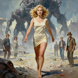 a mixed media painting of one very beautiful blonde woman fleeing from a distant colossus creature on an alien world, elegant, aesthetic!!! symmetrical face and eyes, piercing gaze, sixties pinup, photorealistic, curvy, model, epic sci - fi character art, full length, clothes, tasteful, safe for work, by frank frazetta, donato giancola, boris vallejo, beeple, greg rutkowski, christian macnevin, high fantasy, prometheus, cgsociety, exquisite detail, post - processing, masterpiece, cinematic