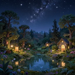 a whimsical fairyland with a pond, starry sky, ambient lighting, fantasy art, thomas kinkade style art