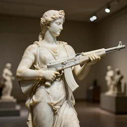 a greek marble statue holding a marble assault rifle, museum background, studio lighting, high detail, bokeh, 4K